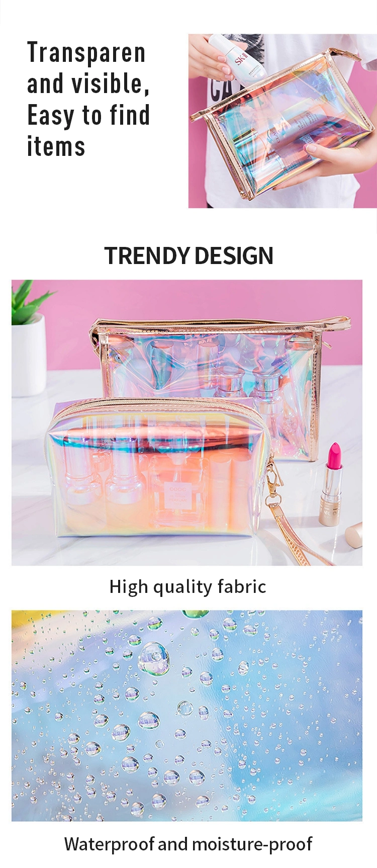 Wholesale Customized Logo Large Portable Holographic Laser Glitter PVC Pink Bulk Cosmetic Makeup Toiletry Bag